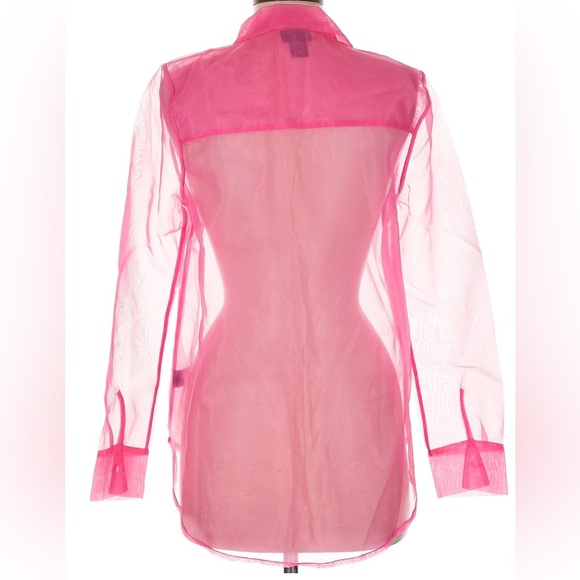 Nicole Miller New York Hot Pink Sheer Button Up Structured Mesh Blouse Barbie M - Picture 2 of 6